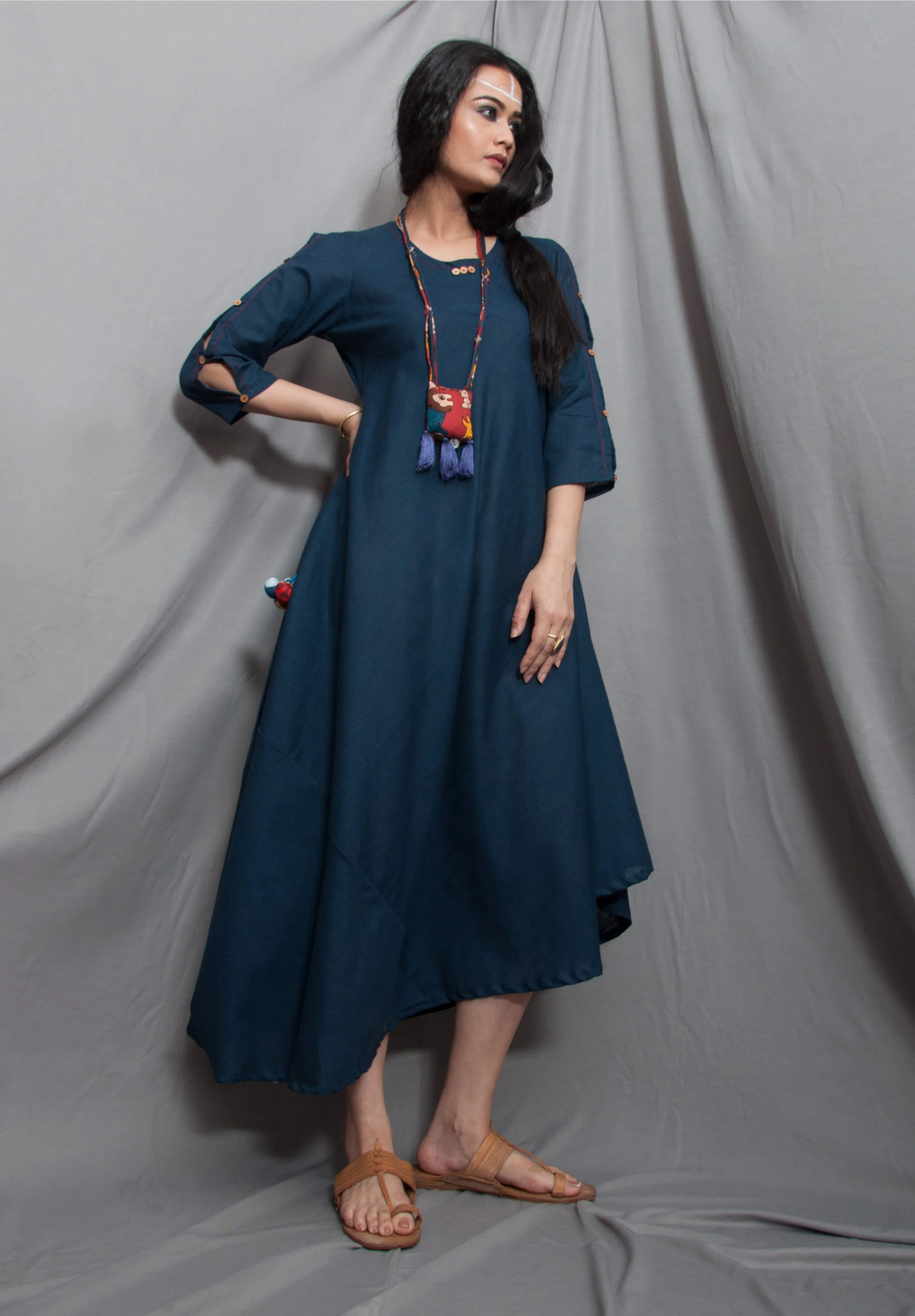 Rainbow - Navy Blue Cowl Dress with Necklace