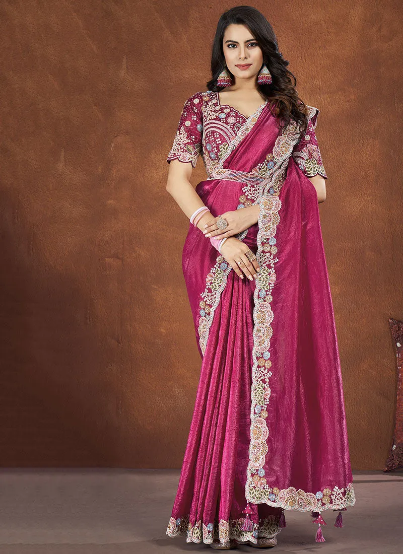 Rani Pink Sequence And Thread Embroidery Saree With Belt