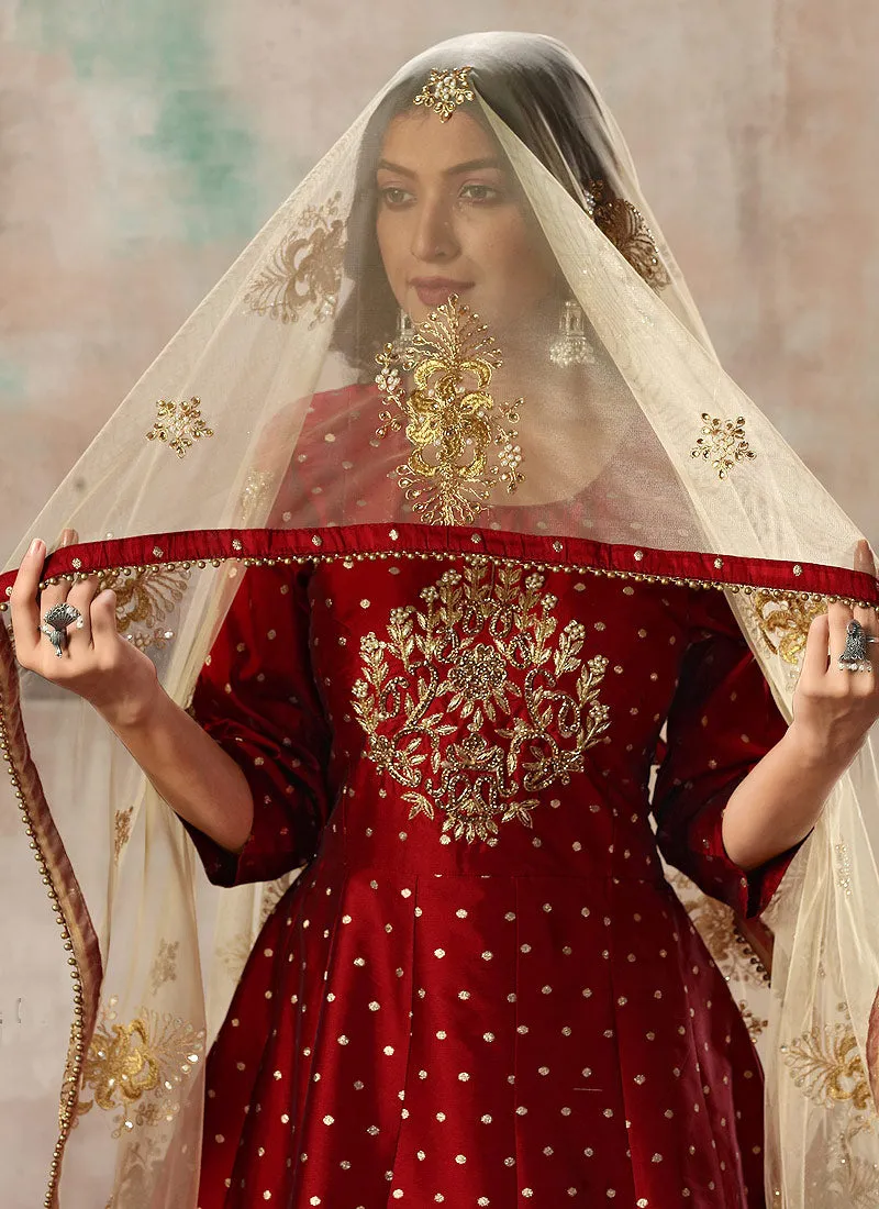 Red And Golden Bunch Anarkali Suit