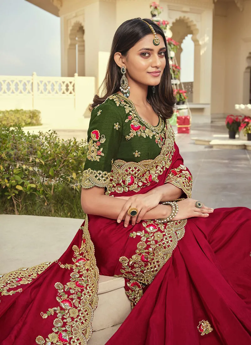 Red And Green Embroidered Party Wear Saree