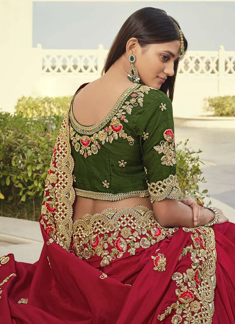 Red And Green Embroidered Party Wear Saree