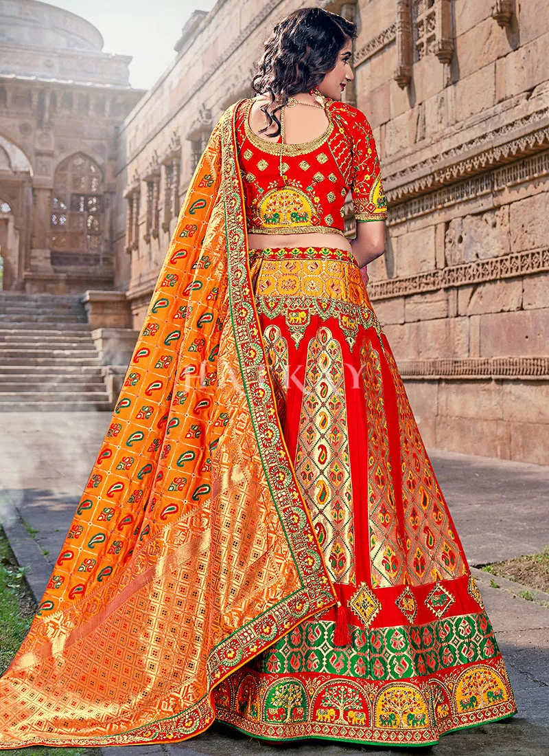 Red And Orange Multi Embroidery Wedding Lehenga Choli