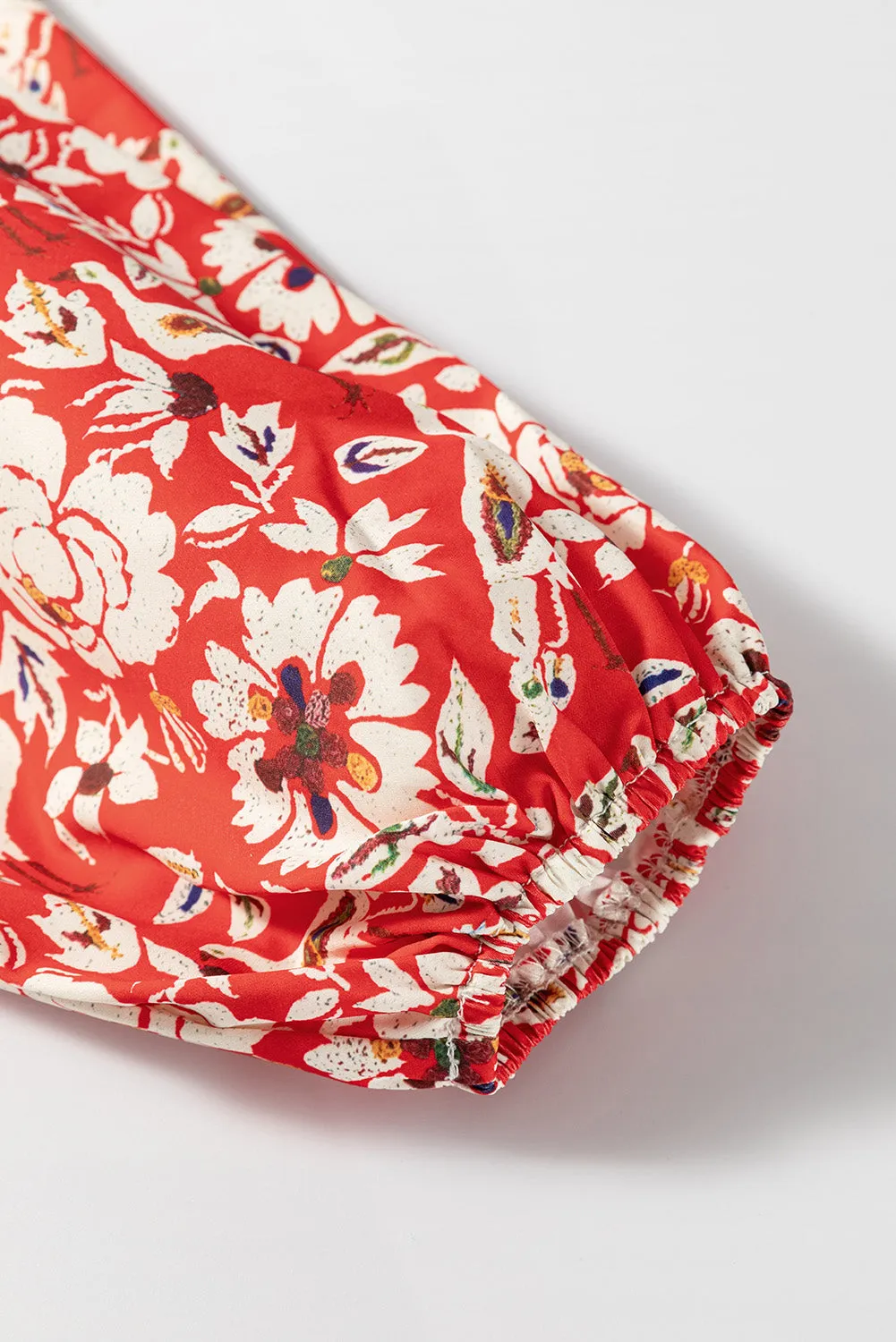 Red Colorful Floral Patchwork Long Sleeve Pleated Mini Dress