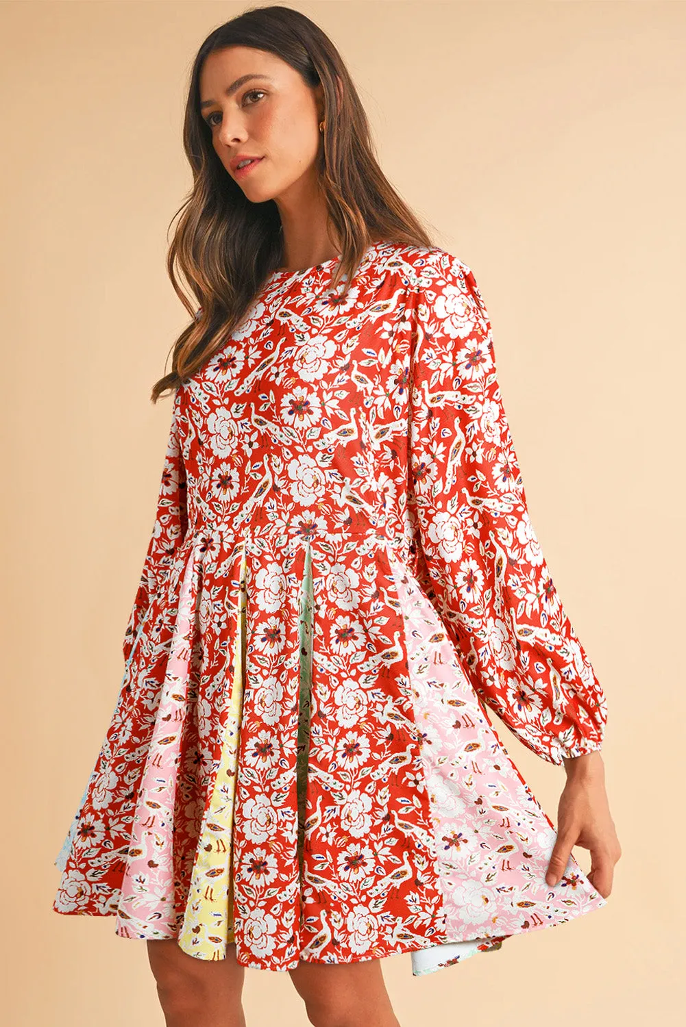 Red Colorful Floral Patchwork Long Sleeve Pleated Mini Dress