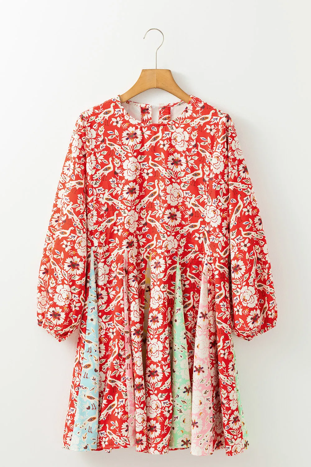 Red Colorful Floral Patchwork Long Sleeve Pleated Mini Dress