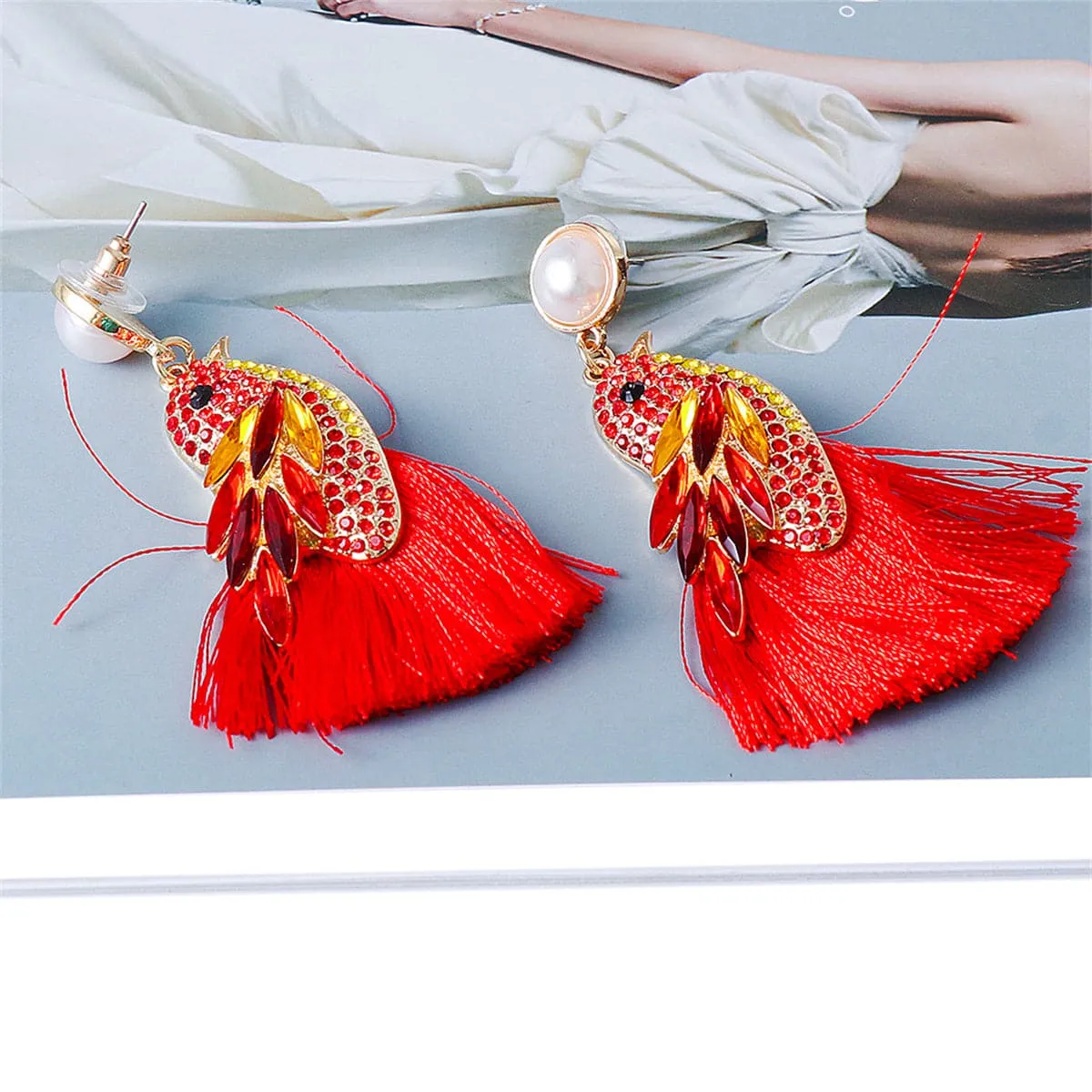 Red Crystal & Cubic Zirconia Pearl Bird Tassel Drop Earrings