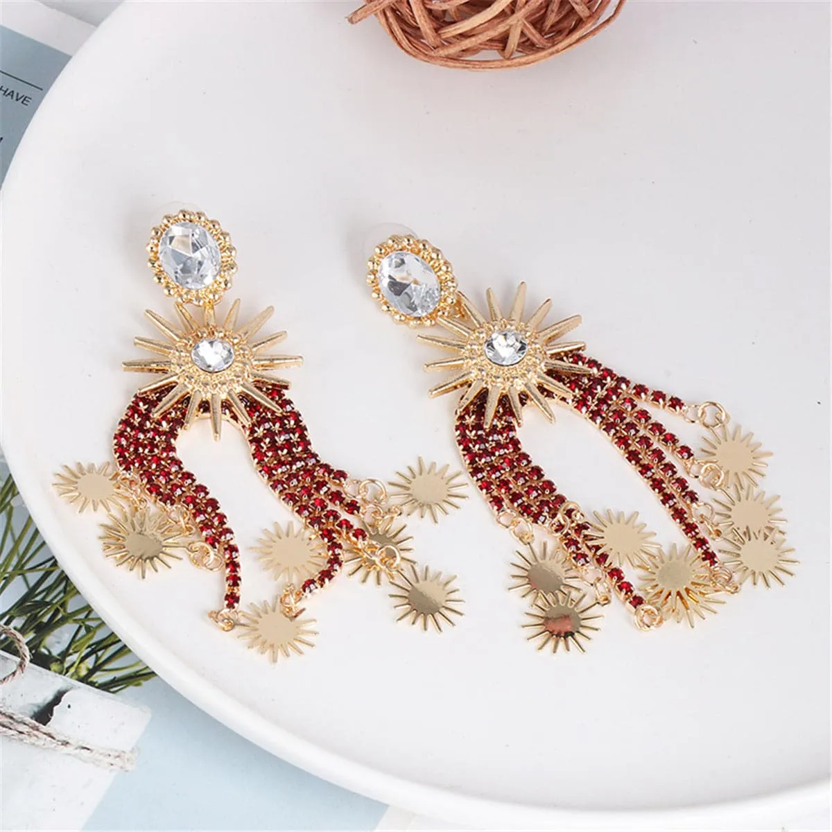Red Cubic Zirconia & Crystal Star Tassel Drop Earrings