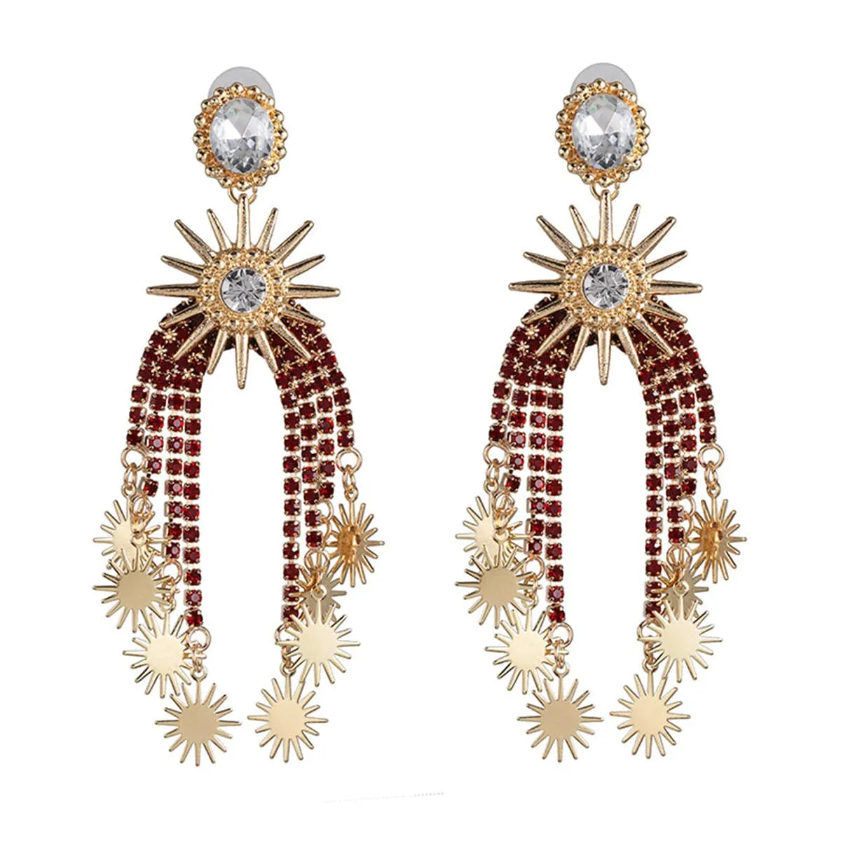 Red Cubic Zirconia & Crystal Star Tassel Drop Earrings