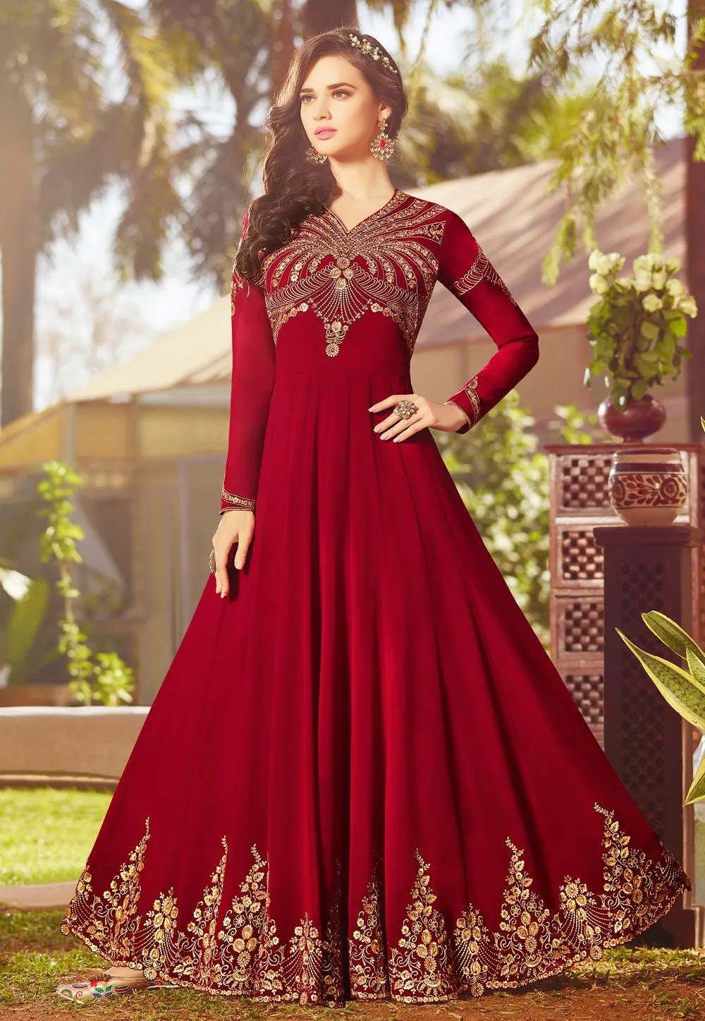 Red Golden Embroidered Georgette Anarkali Suit