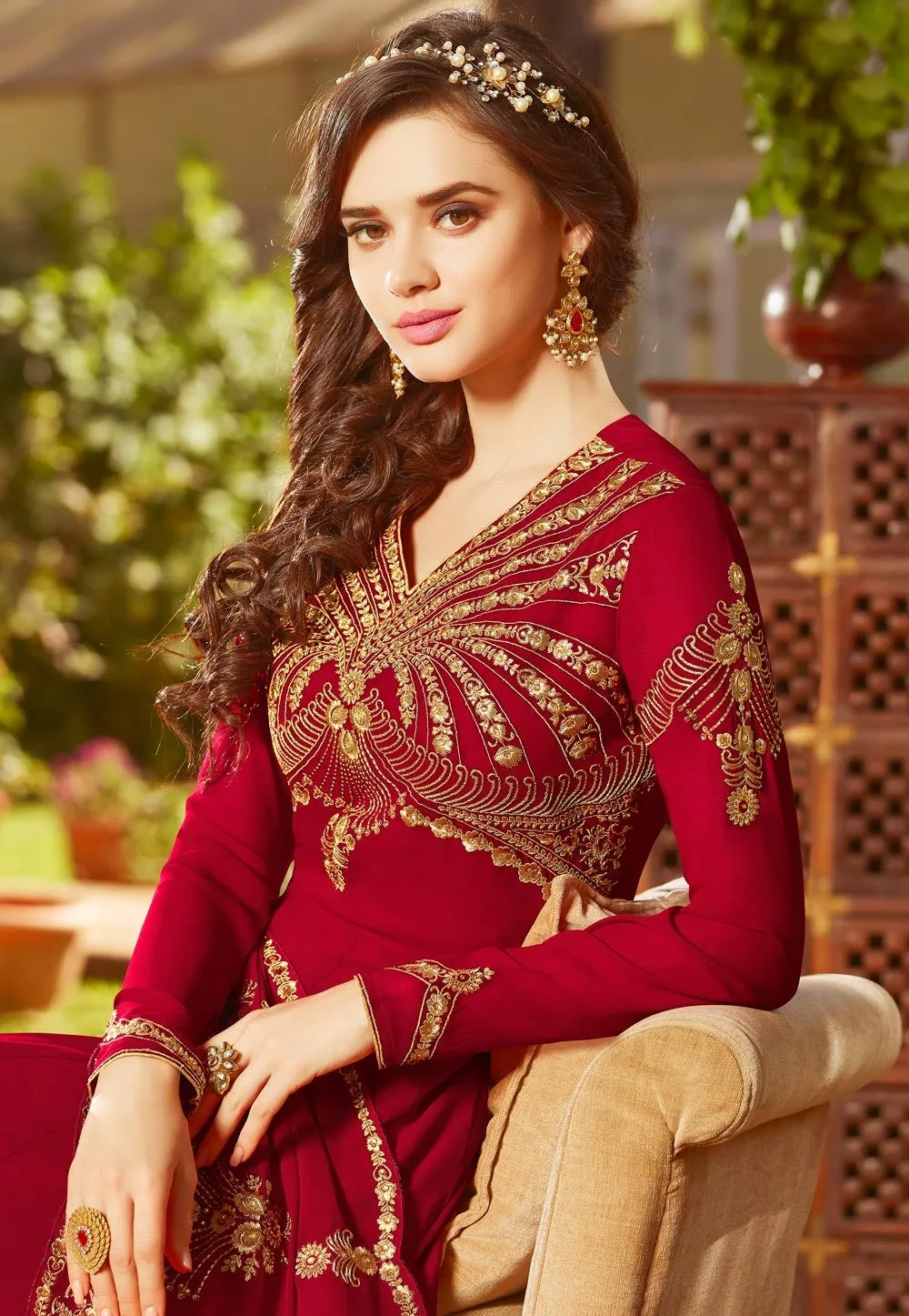 Red Golden Embroidered Georgette Anarkali Suit