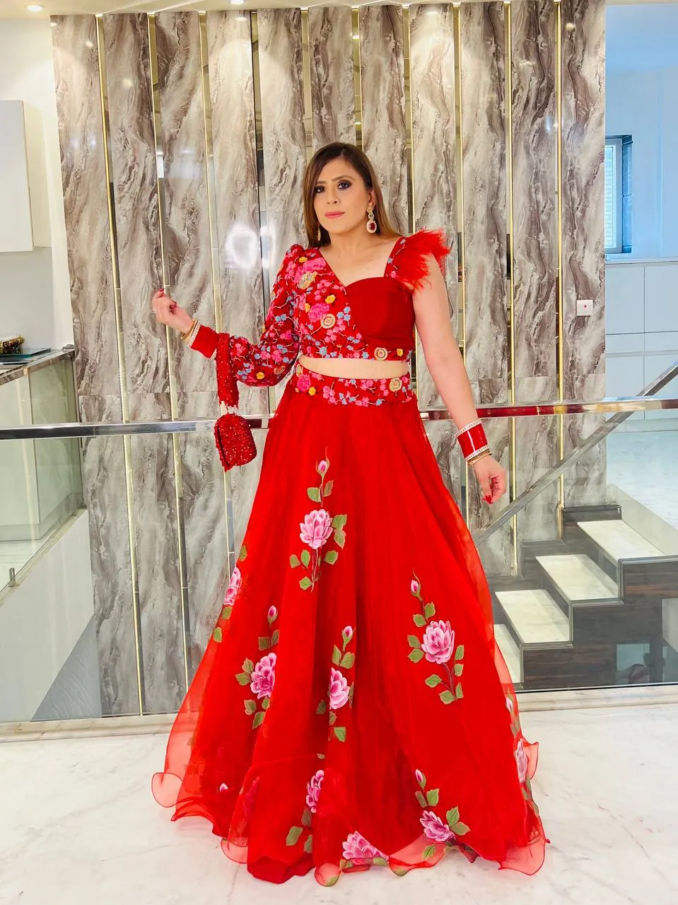 Red Hand Painted Organza Lehenga