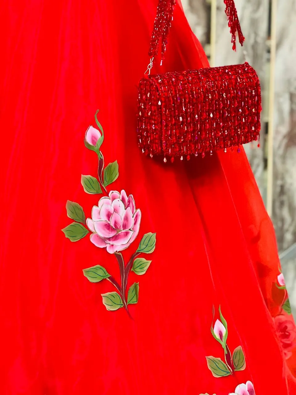 Red Hand Painted Organza Lehenga
