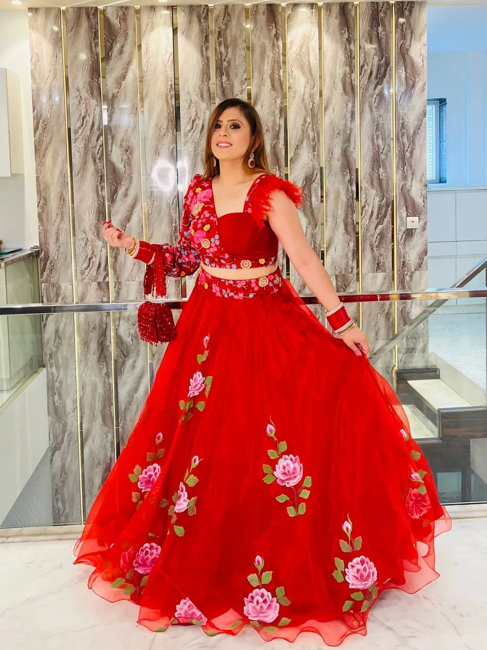 Red Hand Painted Organza Lehenga