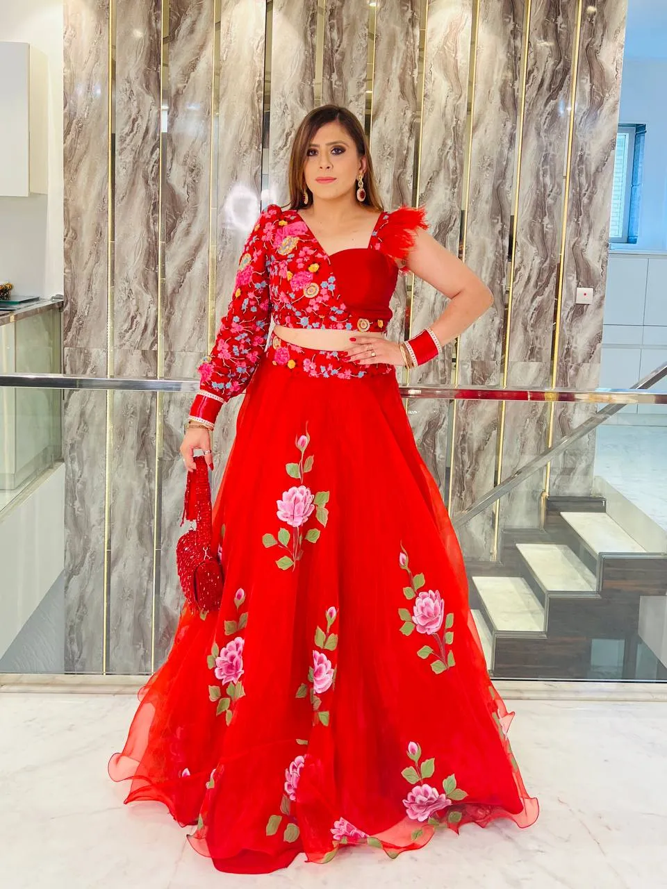 Red Hand Painted Organza Lehenga