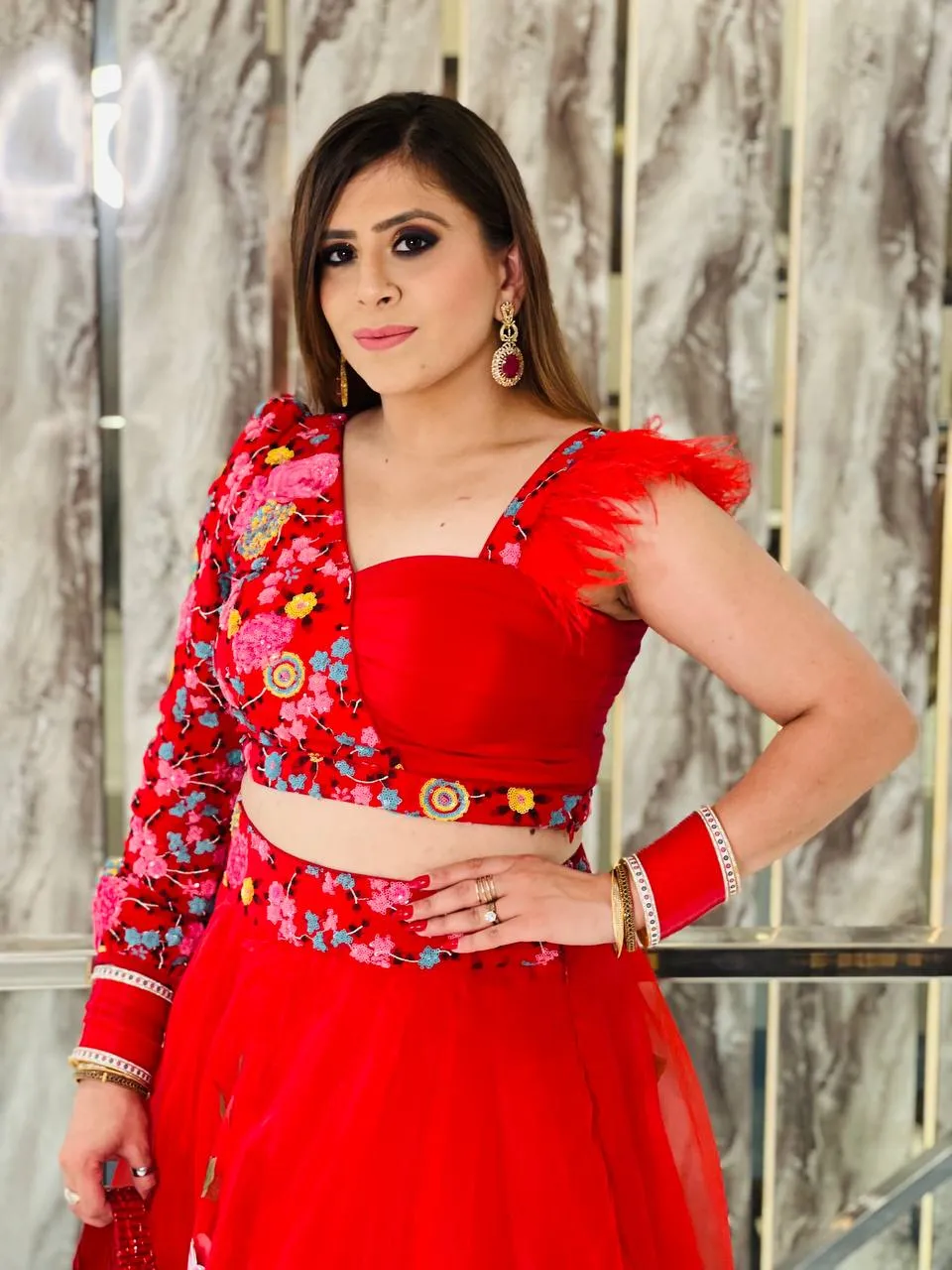 Red Hand Painted Organza Lehenga