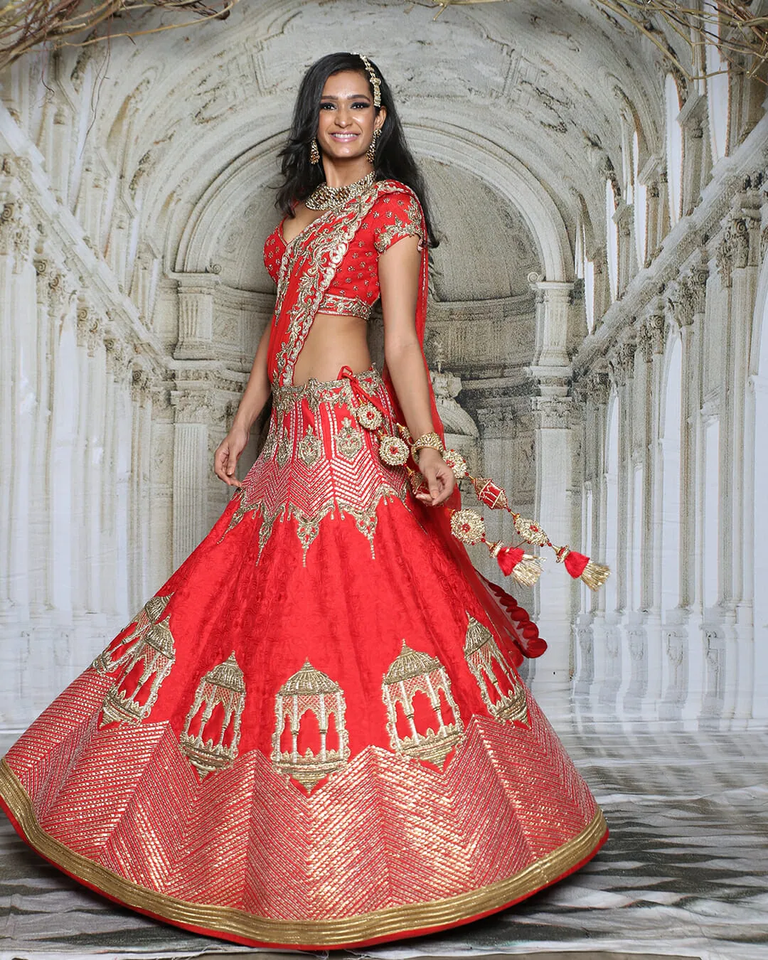 Red Jarokha Lehenga