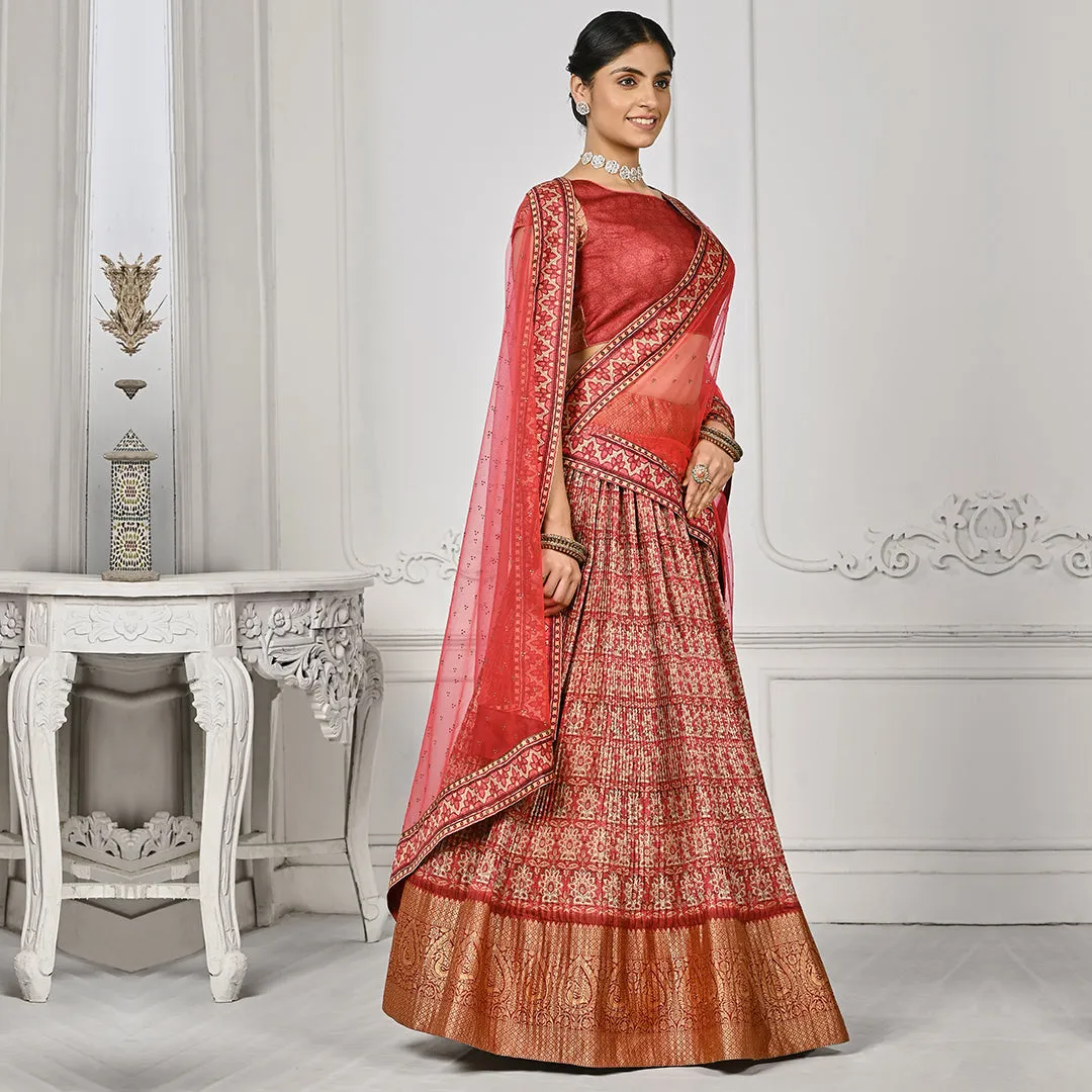Red Lehenga Set with Banarsi Edge
