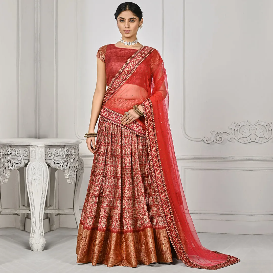Red Lehenga Set with Banarsi Edge