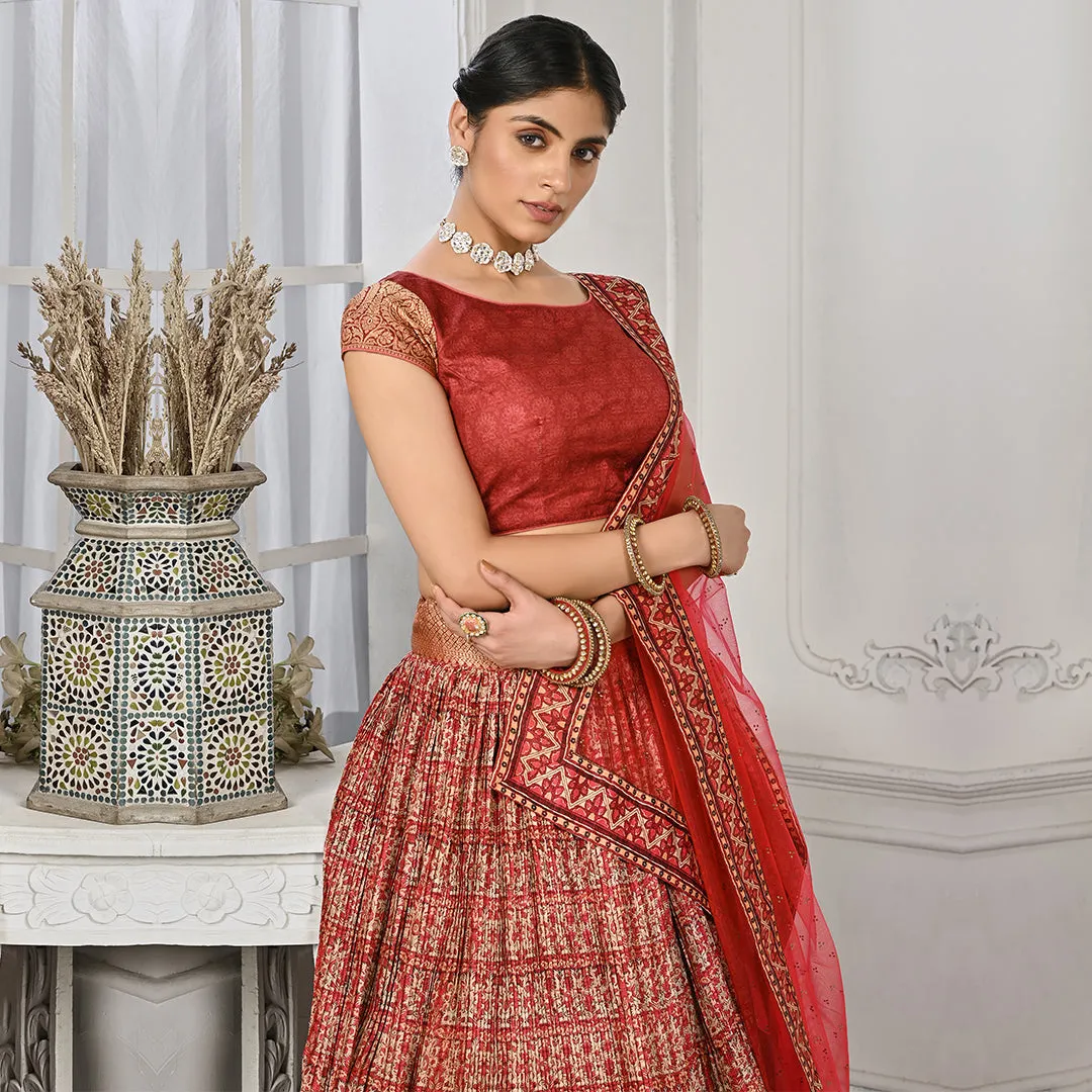 Red Lehenga Set with Banarsi Edge