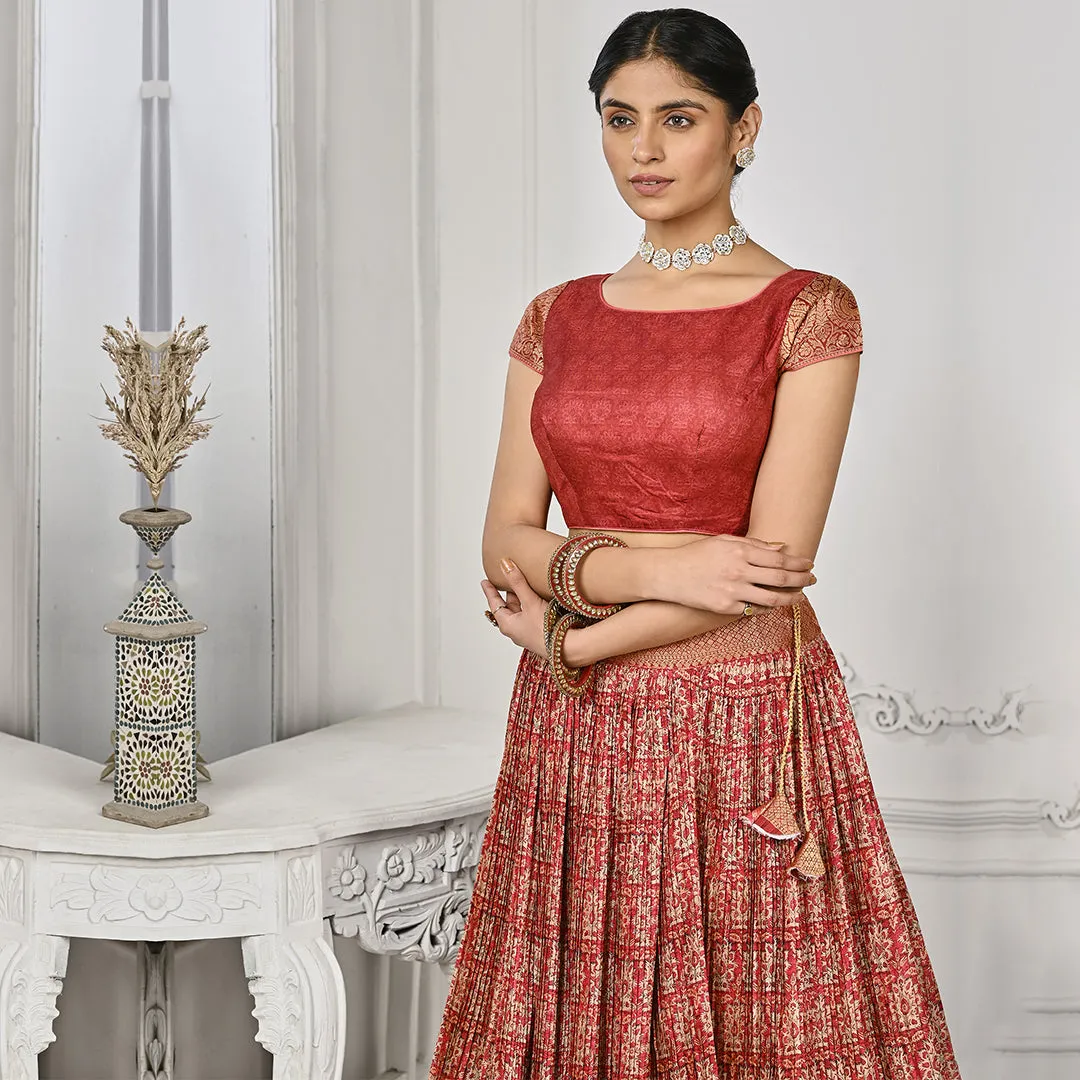 Red Lehenga Set with Banarsi Edge