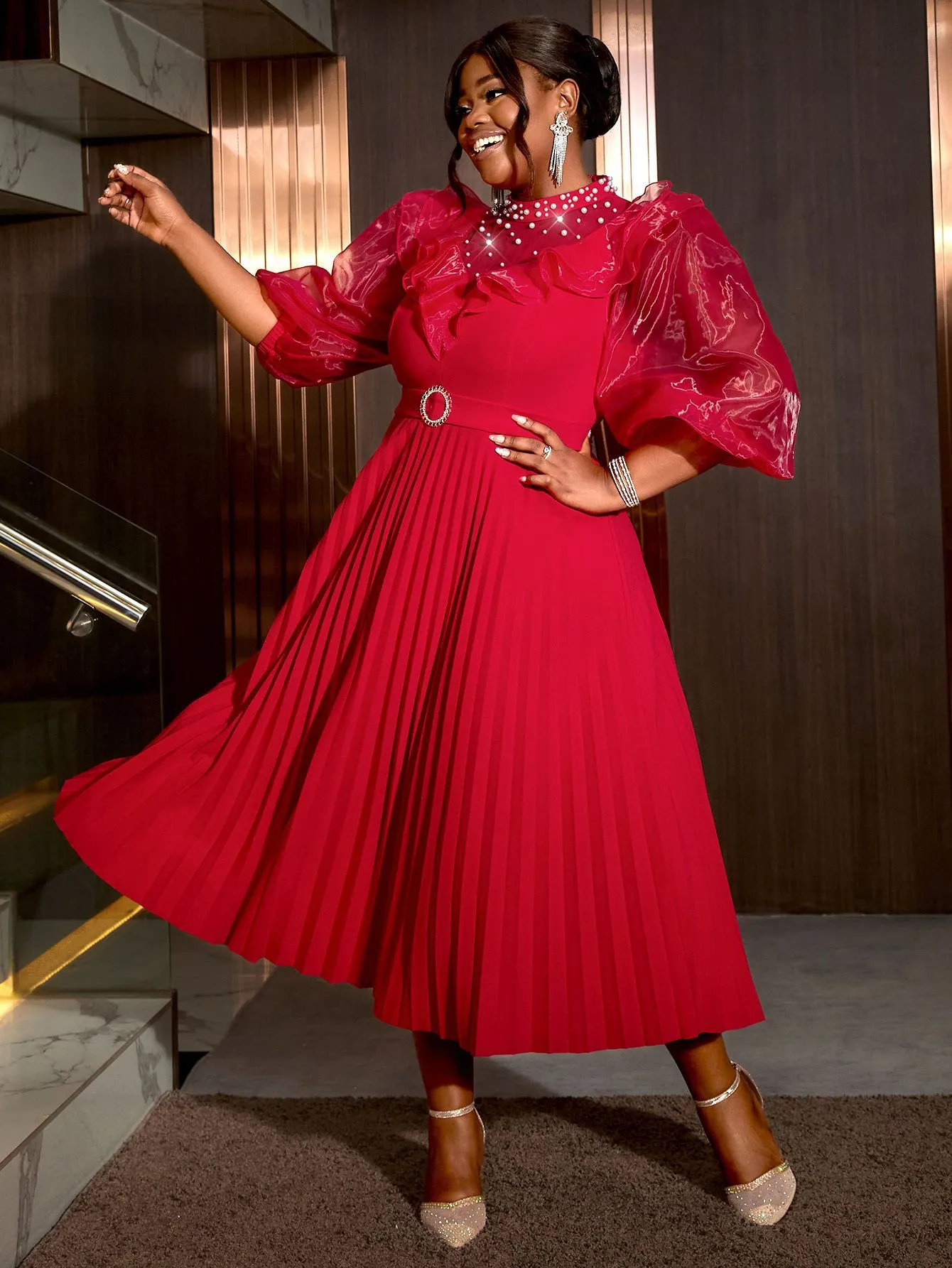 Regal High-Neck Pearl Embellished Lantern Sleeve Pleated Midi Dress