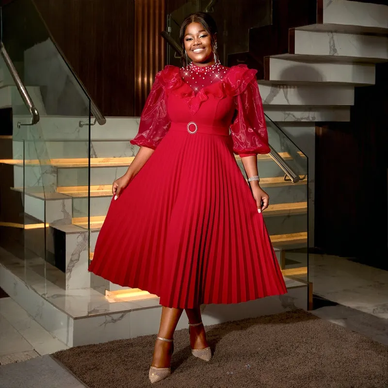 Regal High-Neck Pearl Embellished Lantern Sleeve Pleated Midi Dress
