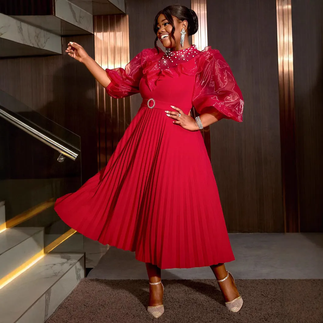 Regal High-Neck Pearl Embellished Lantern Sleeve Pleated Midi Dress