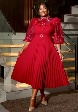 Regal High-Neck Pearl Embellished Lantern Sleeve Pleated Midi Dress