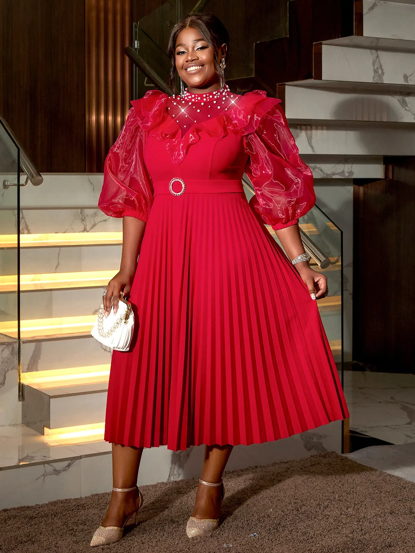 Regal High-Neck Pearl Embellished Lantern Sleeve Pleated Midi Dress