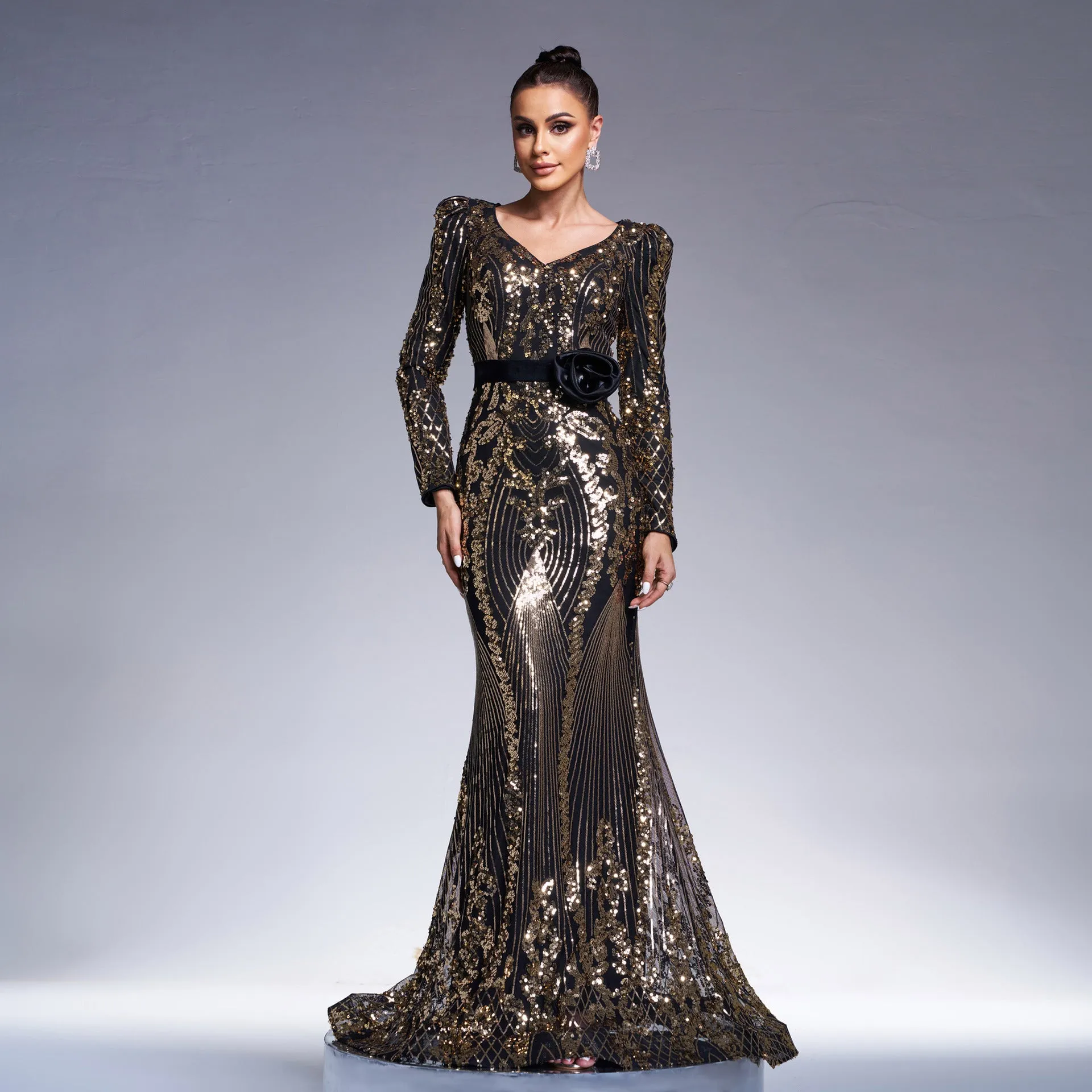 Regal Long-Sleeve V-Neck Sequin Fishtail Evening Gown