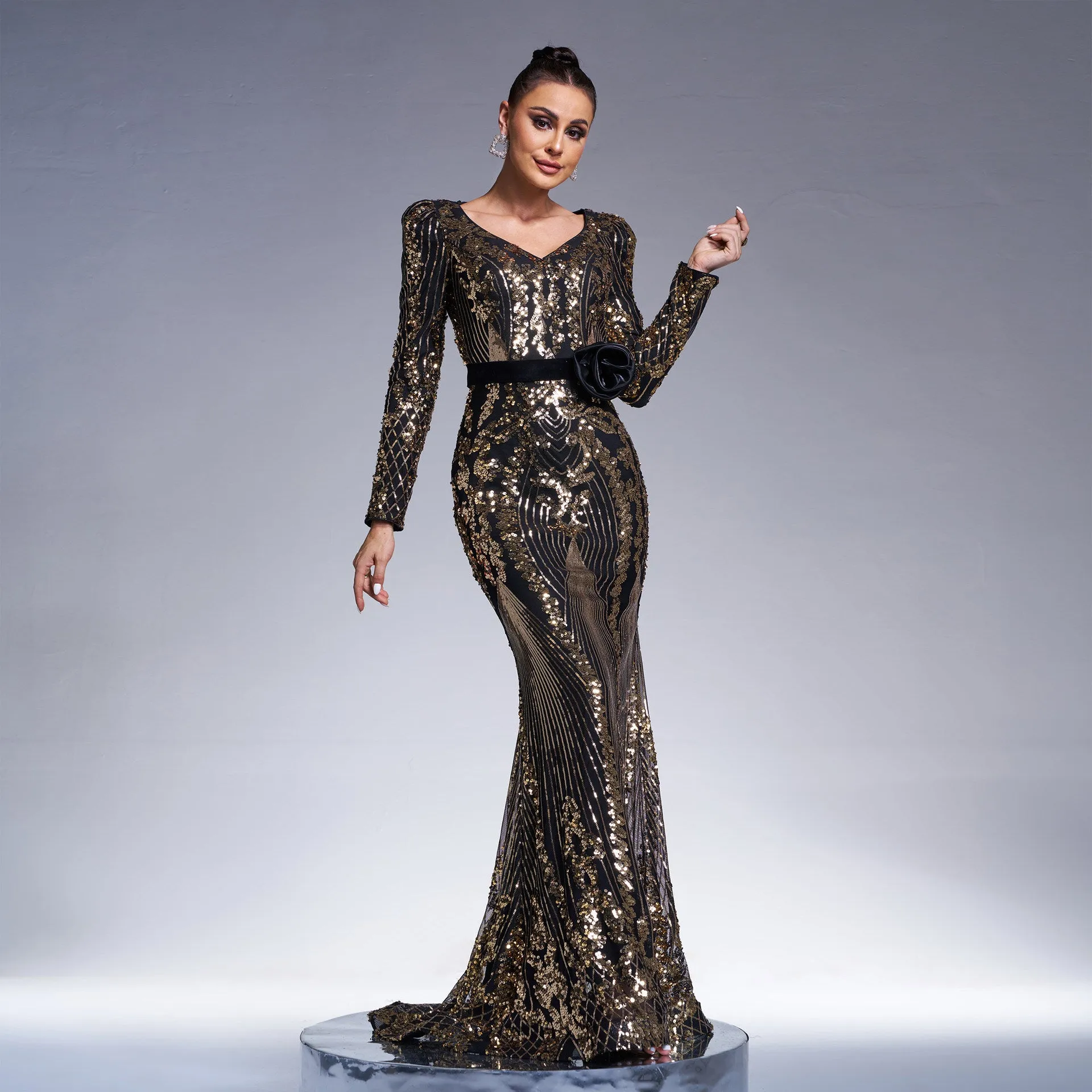 Regal Long-Sleeve V-Neck Sequin Fishtail Evening Gown