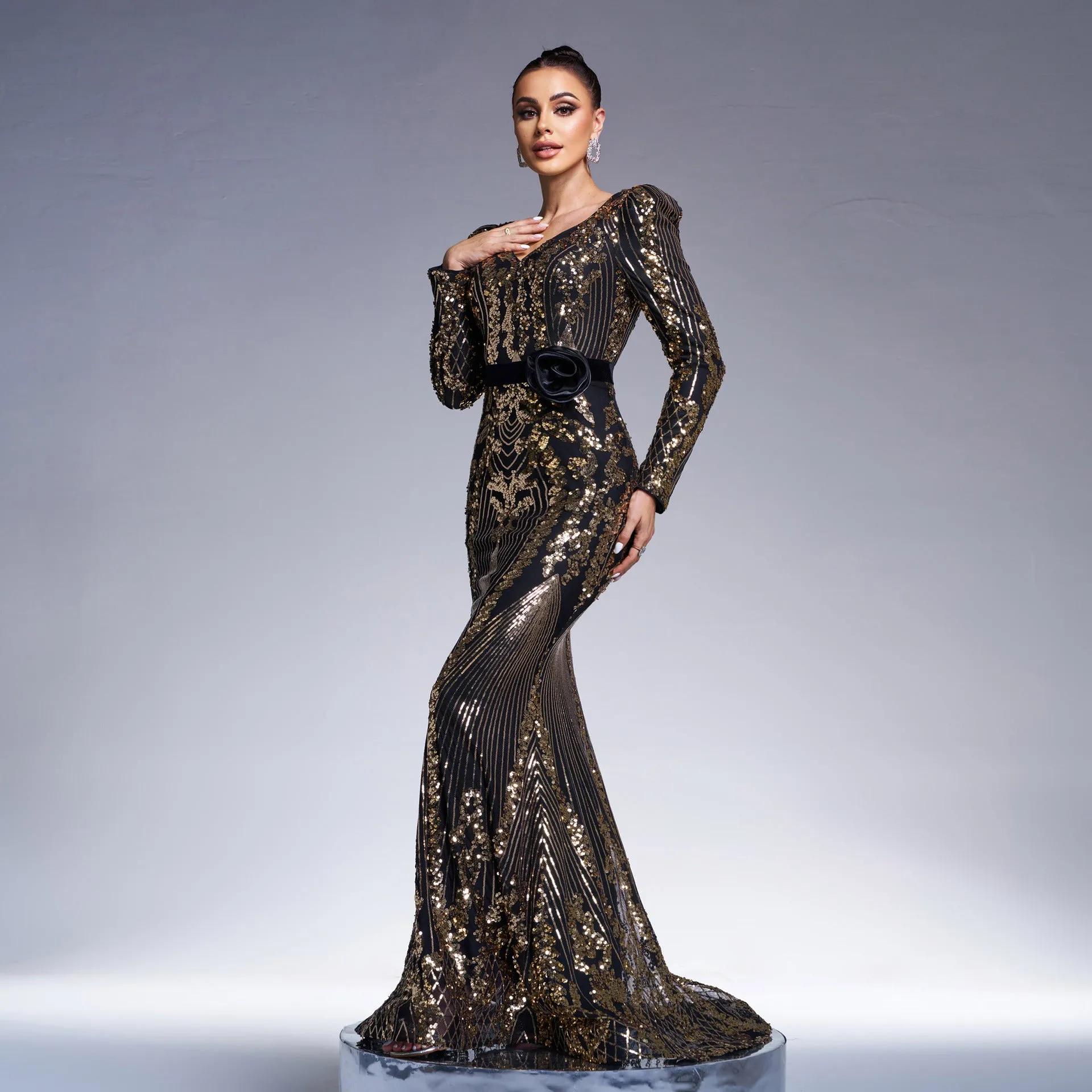 Regal Long-Sleeve V-Neck Sequin Fishtail Evening Gown