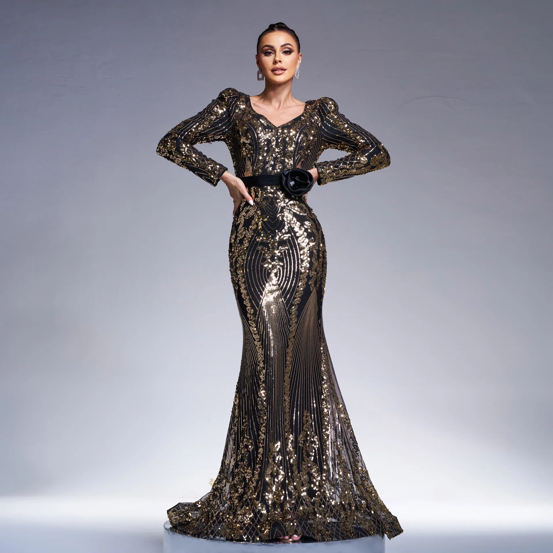 Regal Long-Sleeve V-Neck Sequin Fishtail Evening Gown