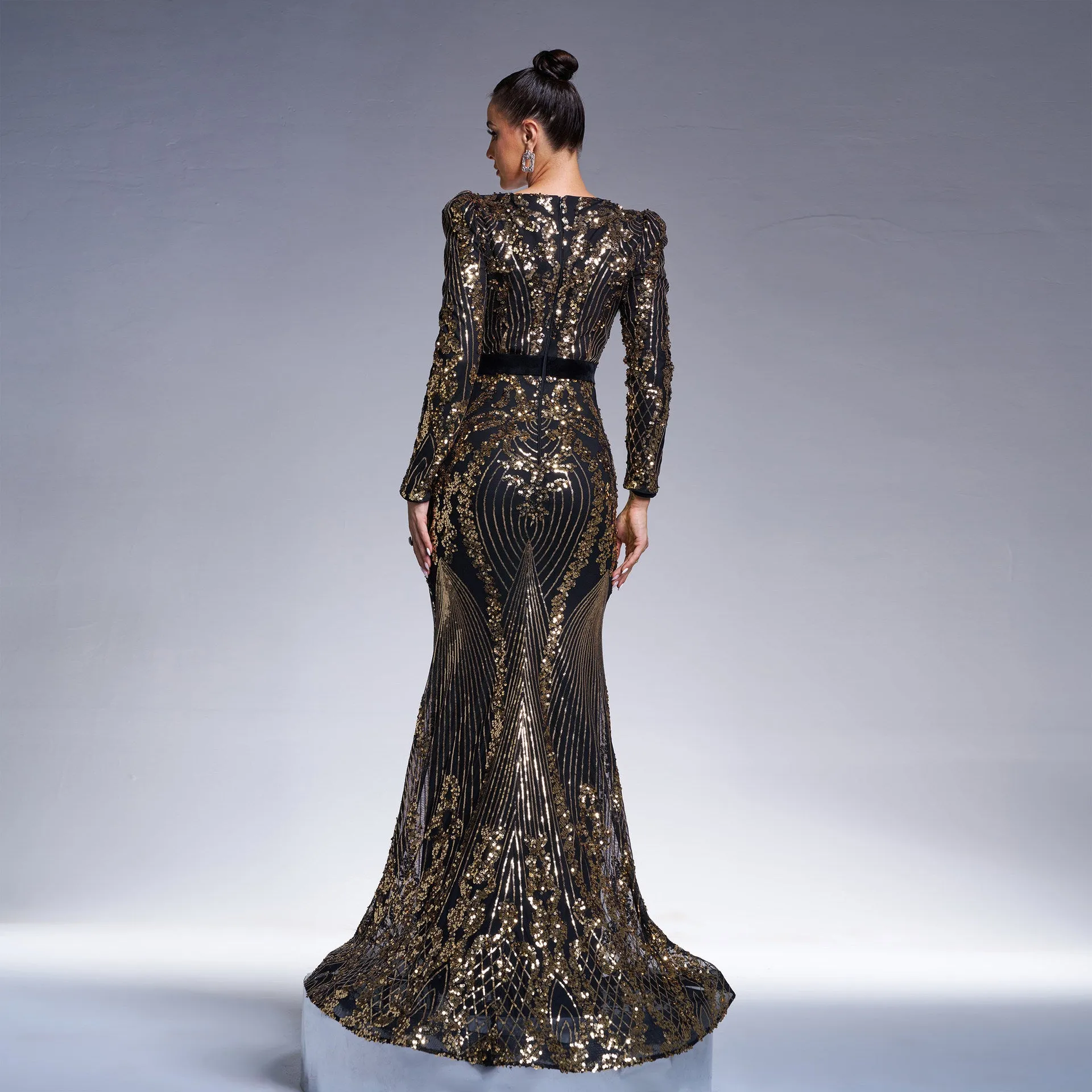Regal Long-Sleeve V-Neck Sequin Fishtail Evening Gown