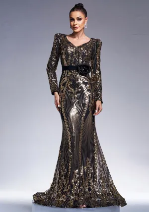 Regal Long-Sleeve V-Neck Sequin Fishtail Evening Gown