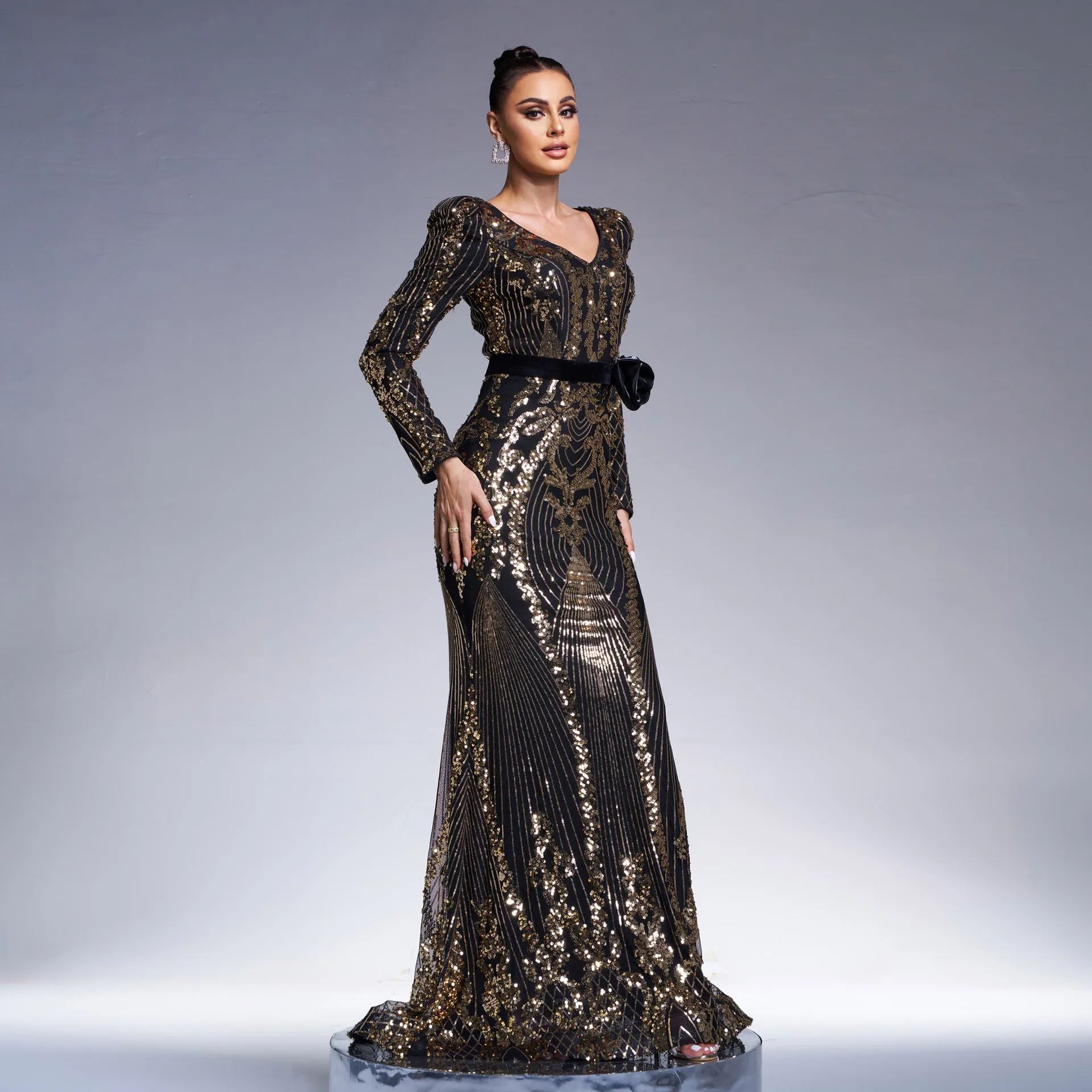 Regal Long-Sleeve V-Neck Sequin Fishtail Evening Gown
