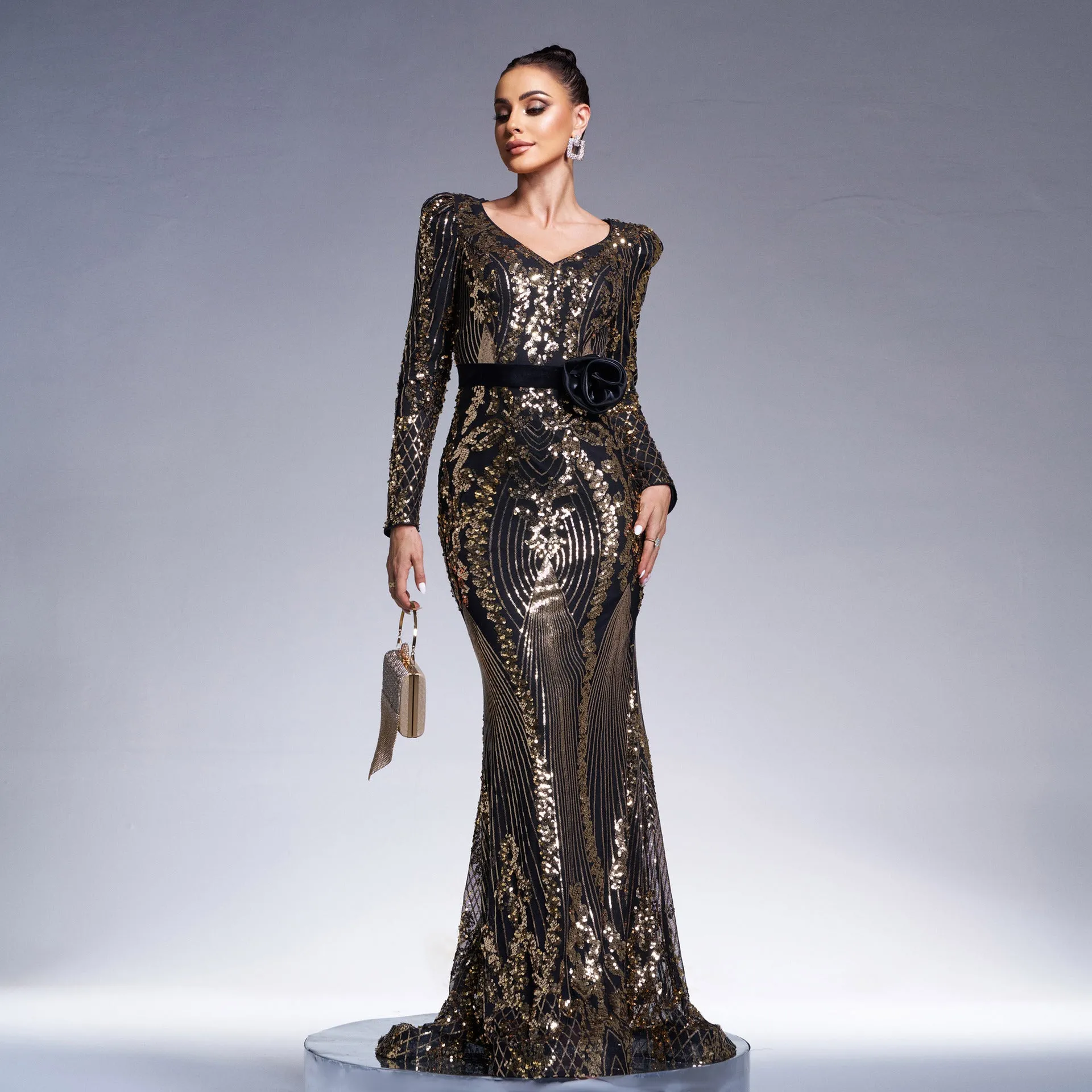 Regal Long-Sleeve V-Neck Sequin Fishtail Evening Gown