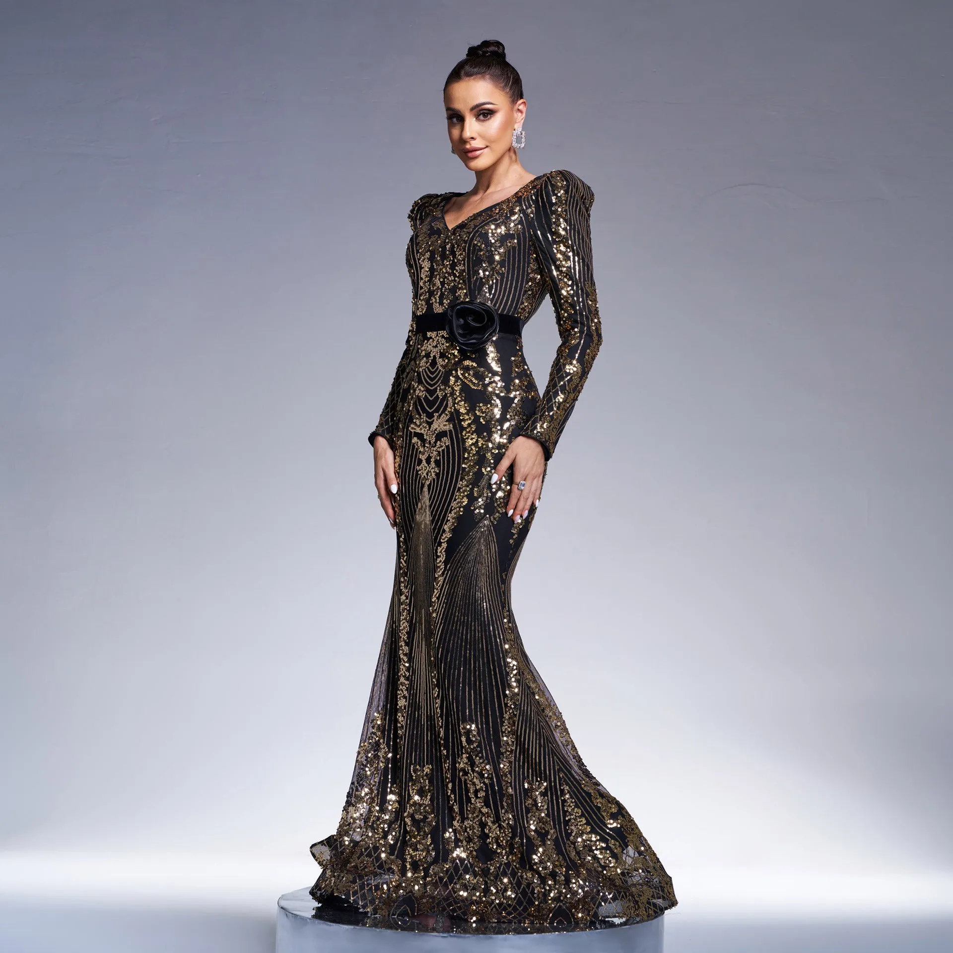 Regal Long-Sleeve V-Neck Sequin Fishtail Evening Gown