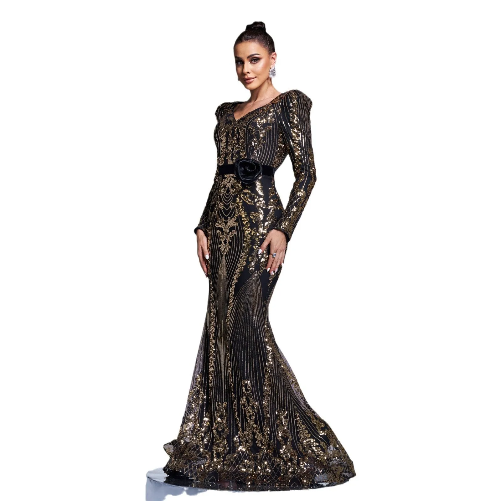 Regal Long-Sleeve V-Neck Sequin Fishtail Evening Gown