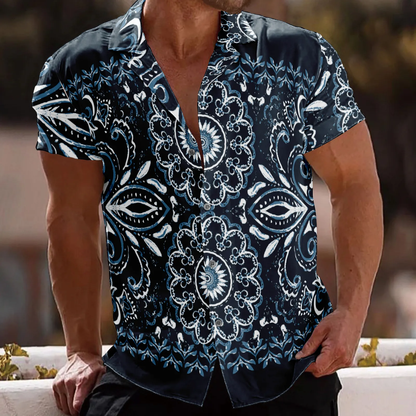 RETRO ETHNIC STYLE PRINTED ALOHA SHIRT