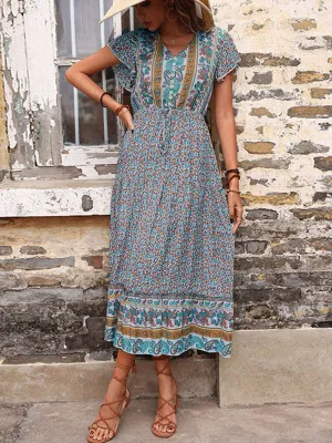 Retro Print Midi Dress with Paisley and Floral Patterns