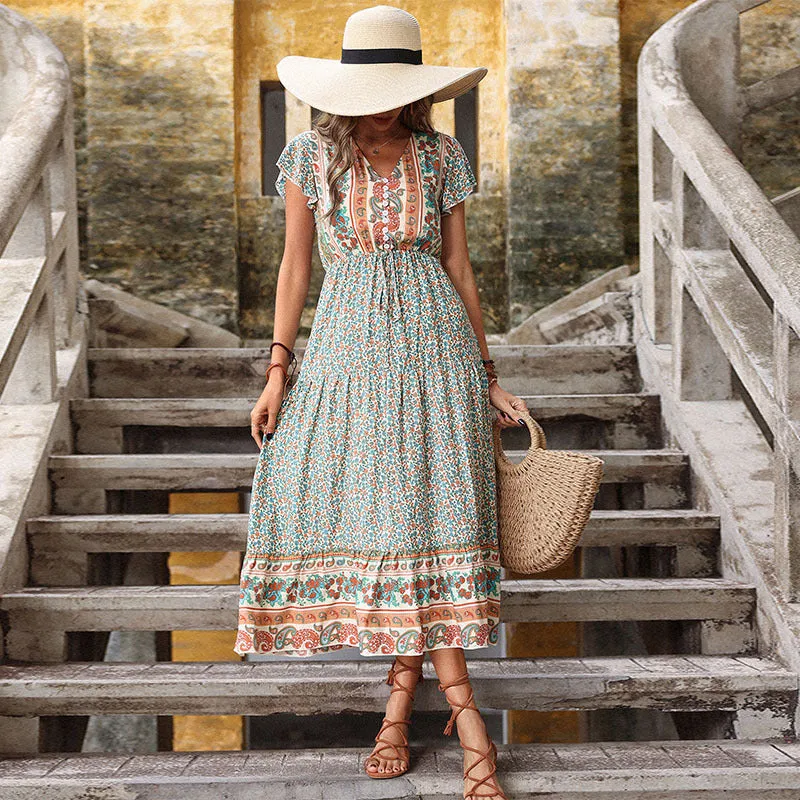 Retro Print Midi Dress with Paisley and Floral Patterns