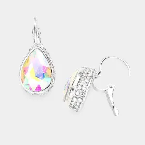 Rhinestone Aurora Borealis Teardrop Stone Lever Back Silver Evening Earrings