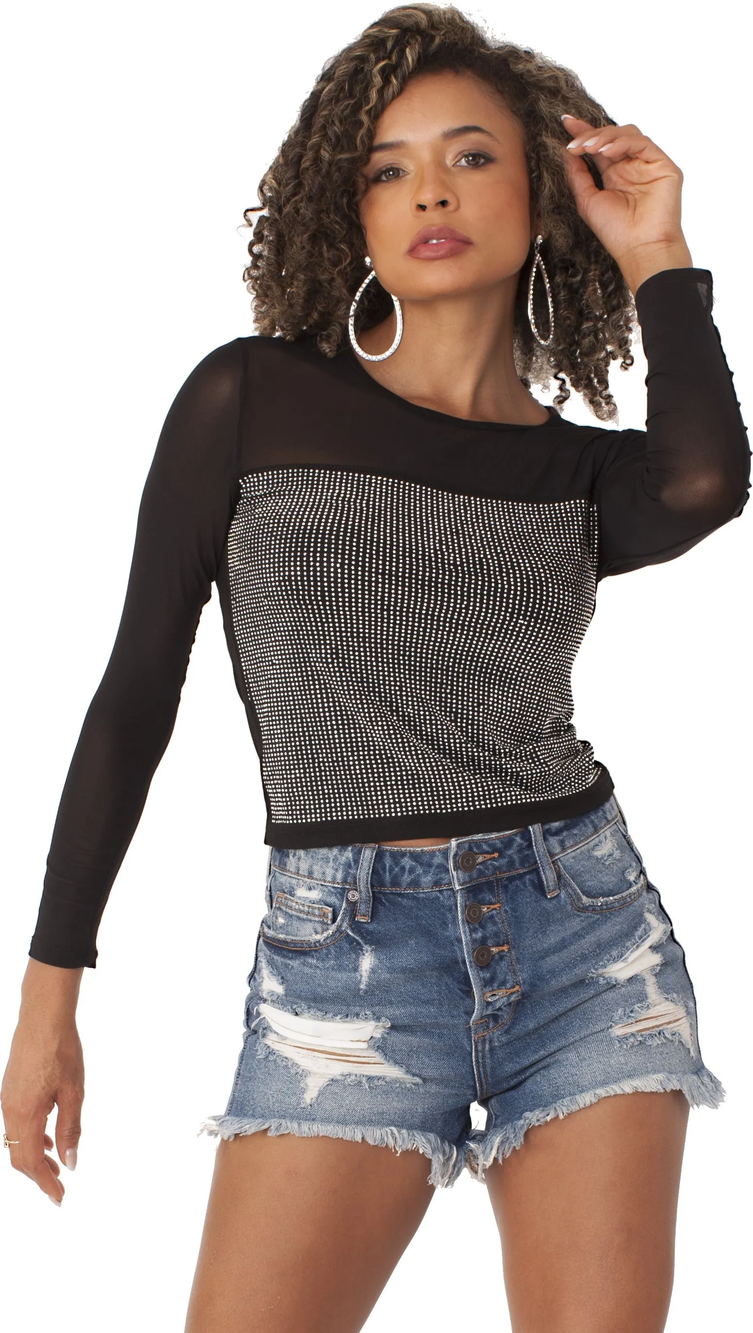 Rhinestone Mesh Long Sleeve Top - 82198