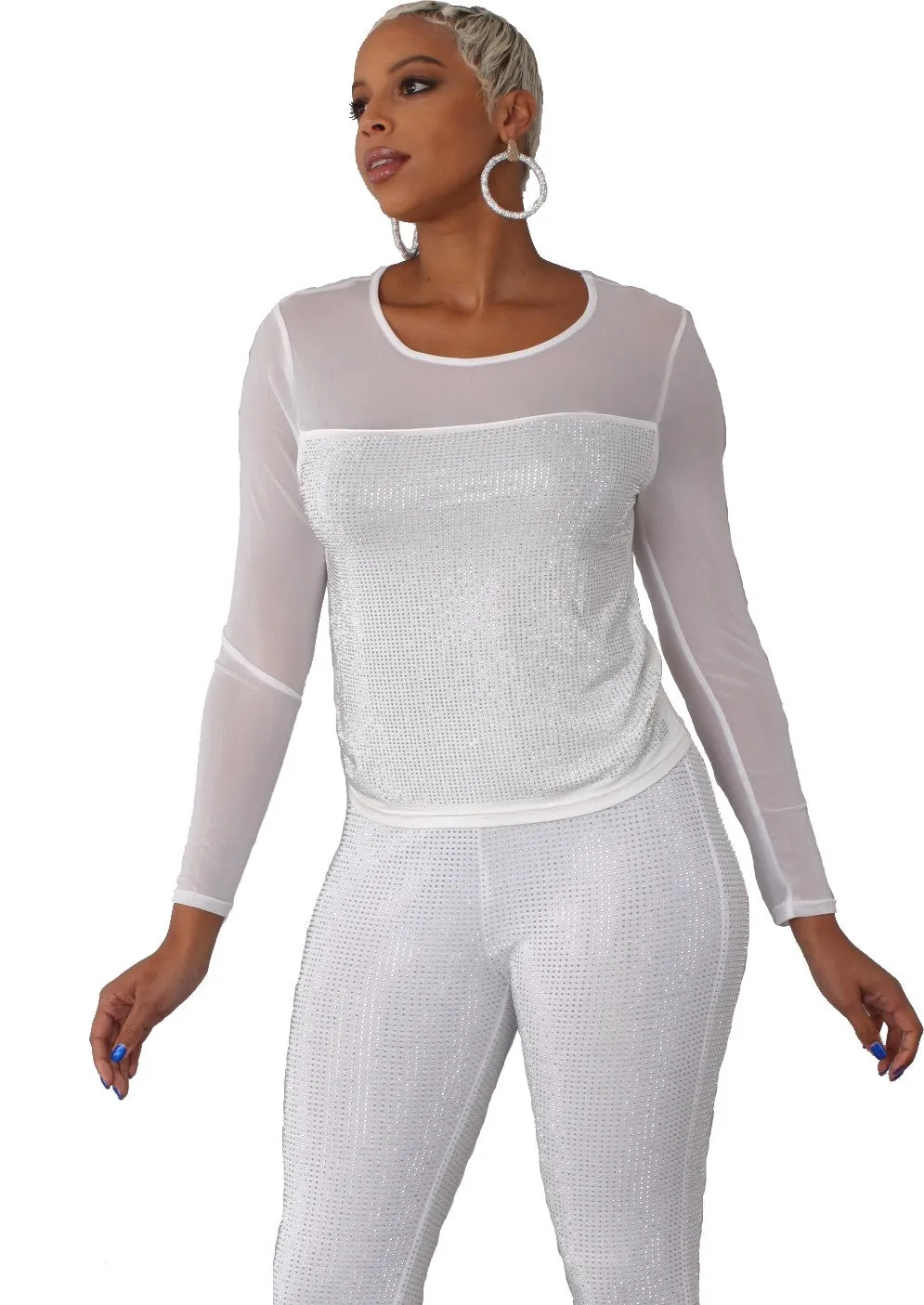 Rhinestone Mesh Long Sleeve Top - 82198