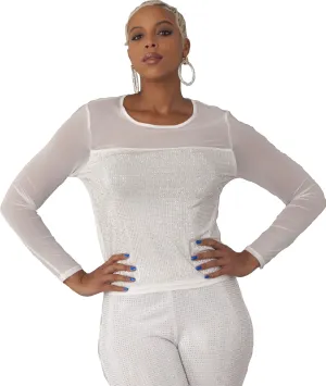 Rhinestone Mesh Long Sleeve Top - 82198