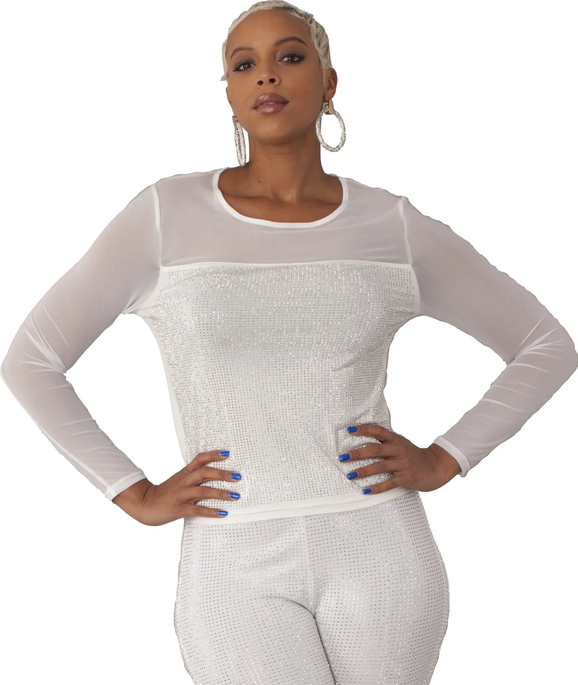 Rhinestone Mesh Long Sleeve Top - 82198
