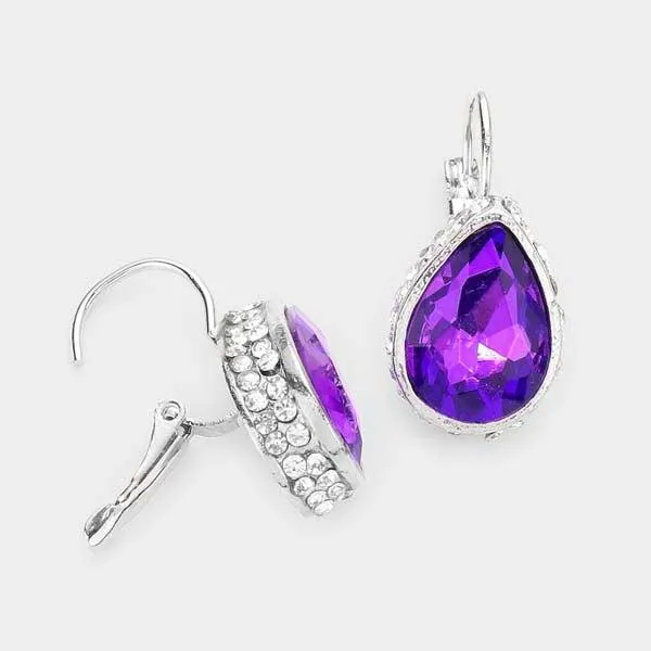 Rhinestone Purple Teardrop Stone Lever Back Silver Evening Earrings