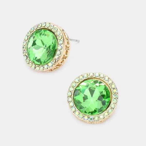 Rhinestone Trimmed Round Stone Peridot Green Evening Earrings