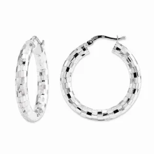 Rhodium-Plated 925 Sterling Silver Diamond-Cut Hinged Hoop Earrings Made in Italy